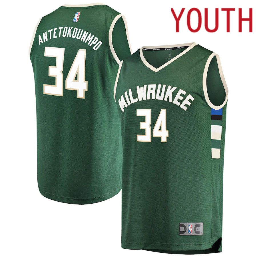 Youth Milwaukee Bucks #34 Giannis Antetokounmpo Fanatics Branded Hunter Green Fast Break Player NBA Jersey